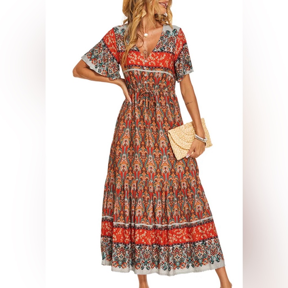 Women’s Zeagoo maxi dress Floral  waist tie drawstring V neck Orange Teal  XL
